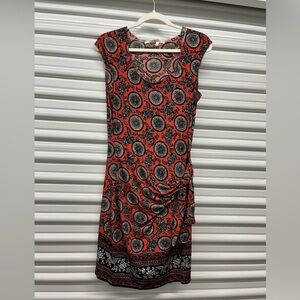 Max Studio Black and Red Ruched Sheath Midi Dress Size M